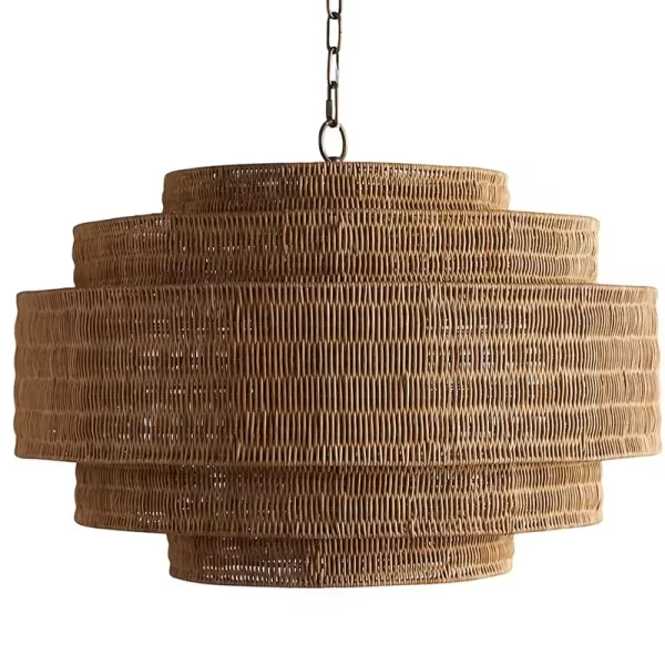 Nordic Design Modern Handcrafted Rattan Brass Round Chandeliers for Villa Garden Home Pendant Lights