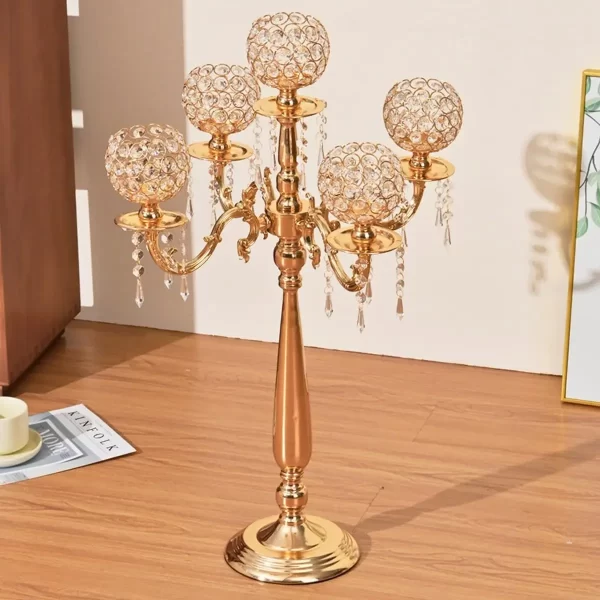 4 Packs 5 Arms Crystal Candelabra for Wedding Centerpiece Gold Candle Holder with Chandelier Crystal Beaded Party Table Decor