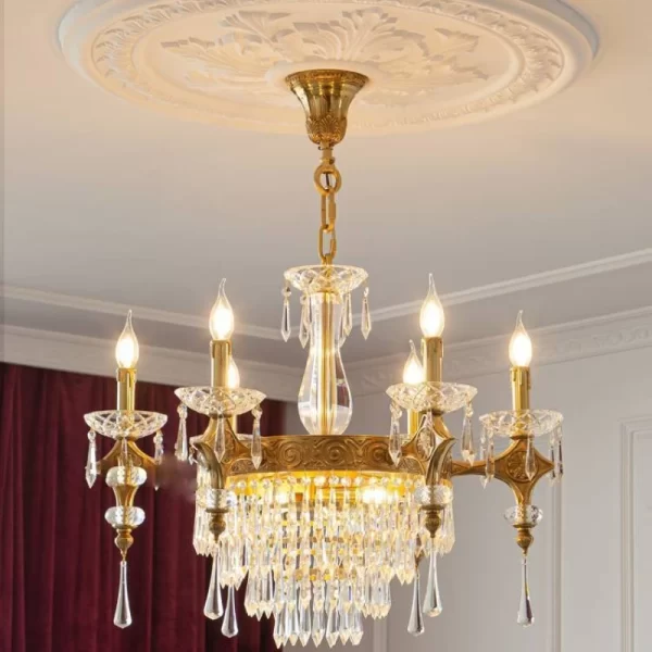 French Crystal European Villa Luxury Retro Living Room Dining Room Lamp Light Luxury All Copper Chandelier