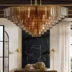 Modern Retro LED Glass Chandelier round Horizontal Lighting in Brass/Crime Black for Living Room Home Decor