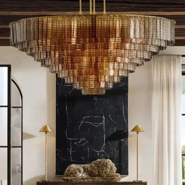 Modern Retro LED Glass Chandelier round Horizontal Lighting in Brass/Crime Black for Living Room Home Decor
