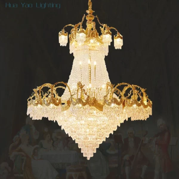 European Home Wedding Indoor Living Room Decorative Lamps Suspension Hanging Hotel Lobby Brass Luxury Led Crystal Chandelier