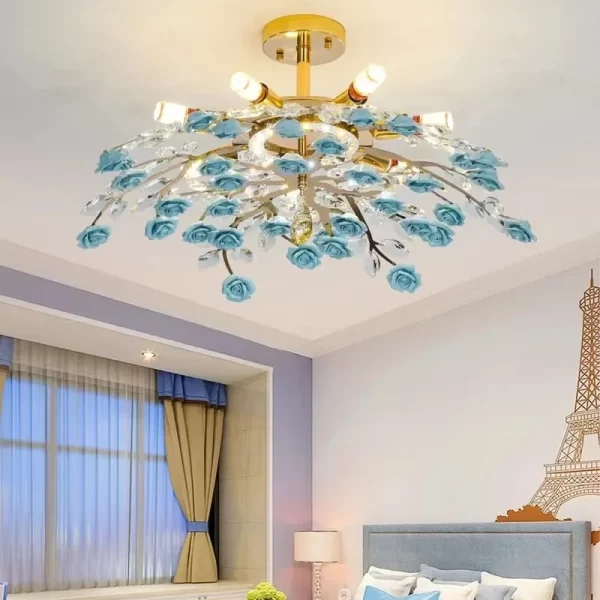 American Nordic Luxury Ceiling Chandelier Ceramic Flower Crystal LED Ceiling Lamp For Living Dining Bedroom Elegant Illumination