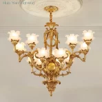 Luxury Classical French Copper Candle Chandelier Hotel Hall Villa Decorative Lighting Brass Glass Shade E14 Pendant Lamp