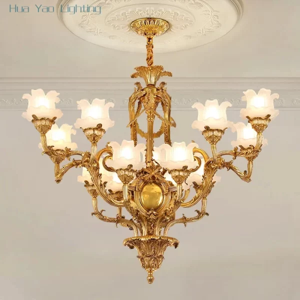 Luxury Classical French Copper Candle Chandelier Hotel Hall Villa Decorative Lighting Brass Glass Shade E14 Pendant Lamp